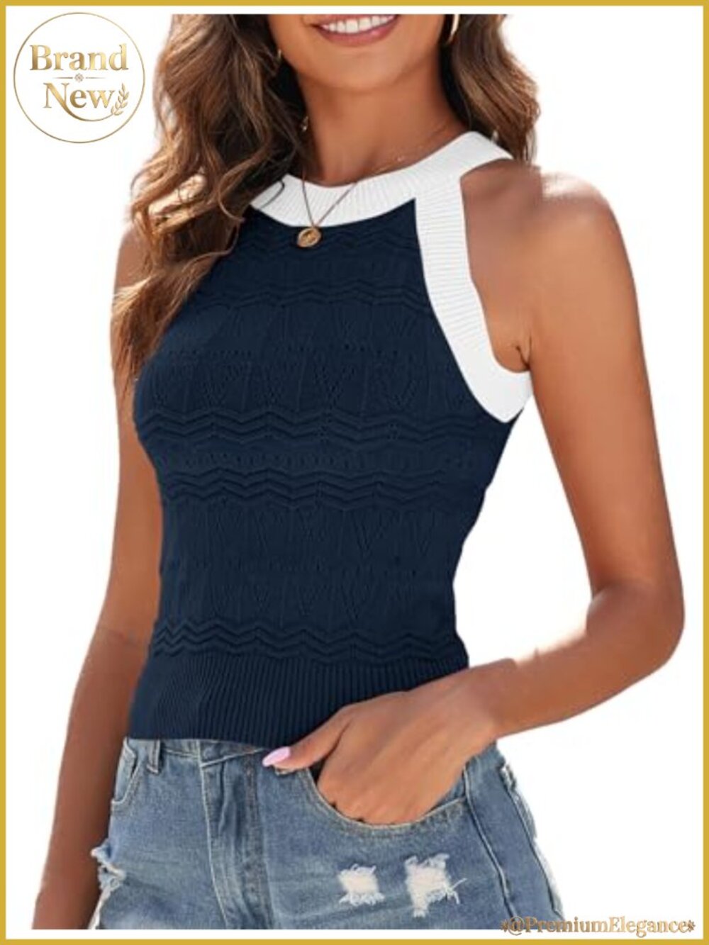 Women's Crochet Halter Tank Top Striped Sleeveless Knit Vest